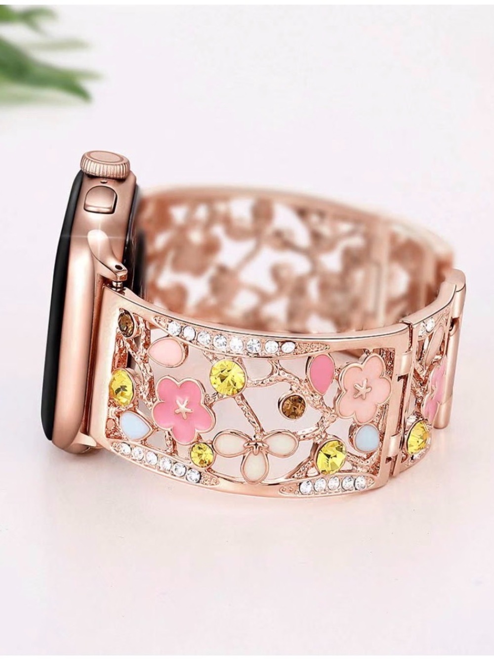 Rose Gold Floral Crystal Apple Watch Band 42/44/45/46/49mm series 11/10/9/8/7 - Picture 2 of 10